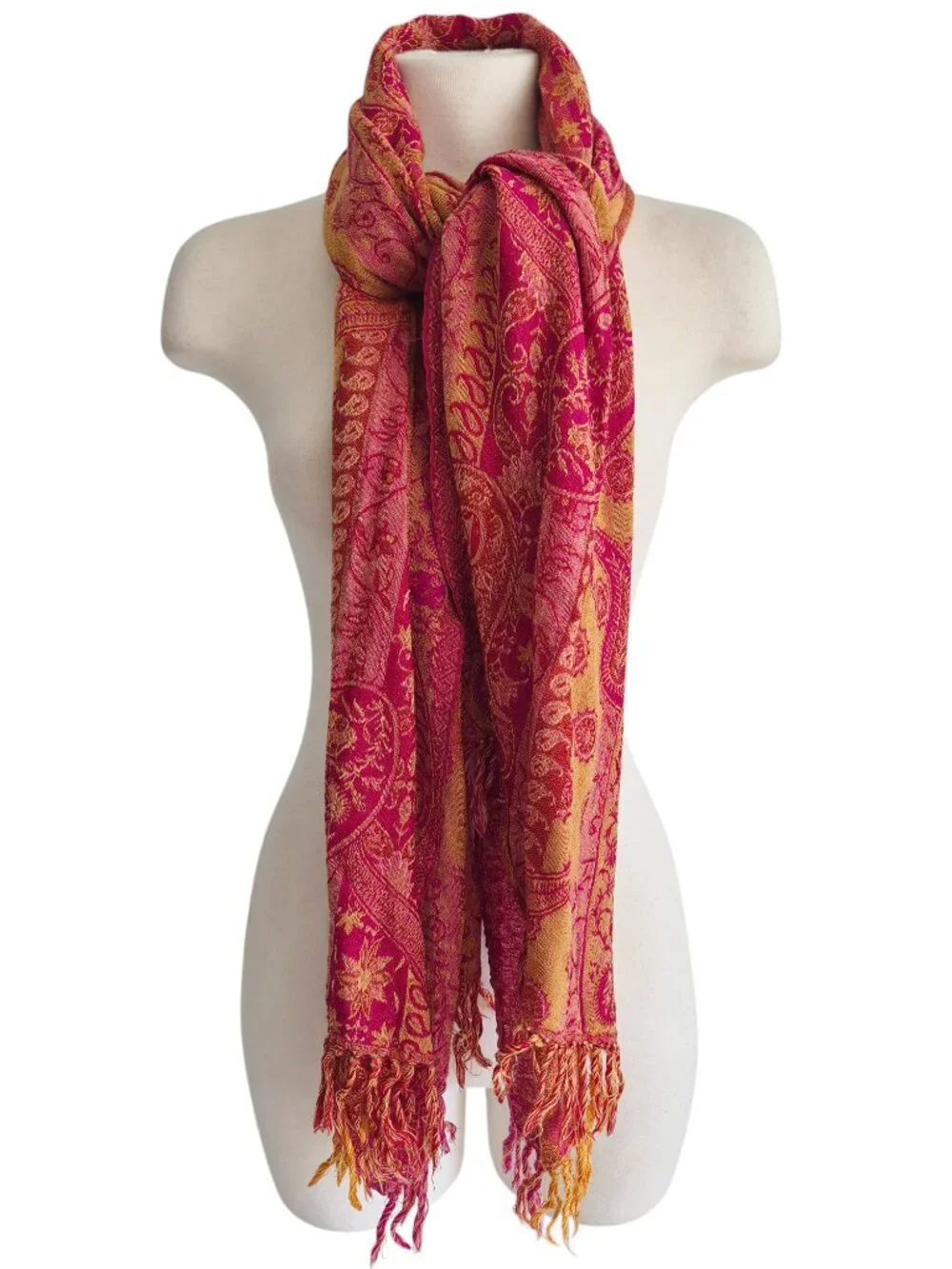 Charter Club Wool & Silk Scarf Jacquard Woven Fringe Detail 77” x 26”